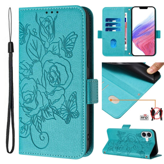 For iPhone 16 Plus Embossed Rose RFID Anti-theft Leather Phone Case(Light Blue) - iPhone 16 Plus Cases by PMC Jewellery | Online Shopping South Africa | PMC Jewellery | Buy Now Pay Later Mobicred