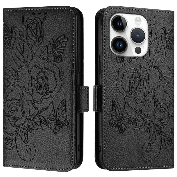 For iPhone 16 Pro Embossed Rose RFID Anti-theft Leather Phone Case(Black) - iPhone 16 Pro Cases by PMC TechLife | Online Shopping South Africa | PMC TechLife | Buy Now Pay Later Mobicred