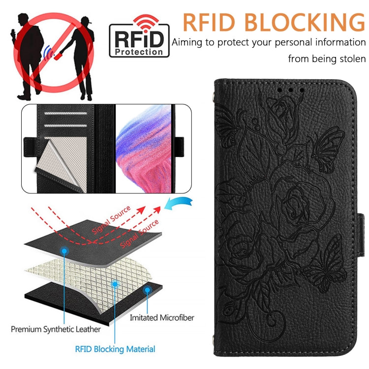 For iPhone 16 Pro Embossed Rose RFID Anti-theft Leather Phone Case(Black) - iPhone 16 Pro Cases by PMC TechLife | Online Shopping South Africa | PMC TechLife | Buy Now Pay Later Mobicred