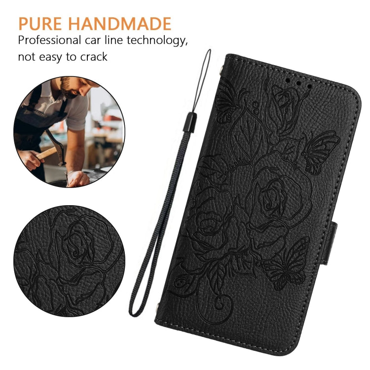 For iPhone 16 Pro Embossed Rose RFID Anti-theft Leather Phone Case(Black) - iPhone 16 Pro Cases by PMC TechLife | Online Shopping South Africa | PMC TechLife | Buy Now Pay Later Mobicred