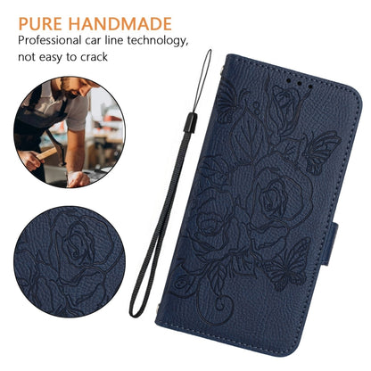 For iPhone SE 2024 Embossed Rose RFID Anti-theft Leather Phone Case(Dark Blue) - More iPhone Cases by PMC Jewellery | Online Shopping South Africa | PMC Jewellery | Buy Now Pay Later Mobicred