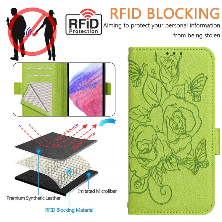 For Samsung Galaxy S25 5G Embossed Rose RFID Anti-theft Leather Phone Case(Green) - Galaxy S25 5G Cases by PMC Jewellery | Online Shopping South Africa | PMC Jewellery | Buy Now Pay Later Mobicred