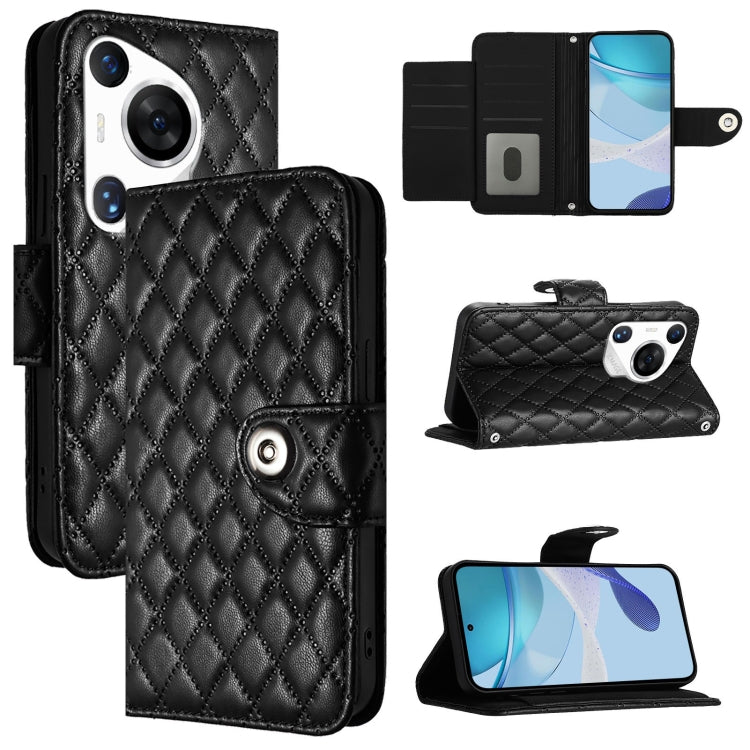 For Huawei Pura 70 Pro Rhombic Texture Flip Leather Phone Case with Lanyard(Black) - Huawei Cases by PMC Jewellery | Online Shopping South Africa | PMC Jewellery | Buy Now Pay Later Mobicred