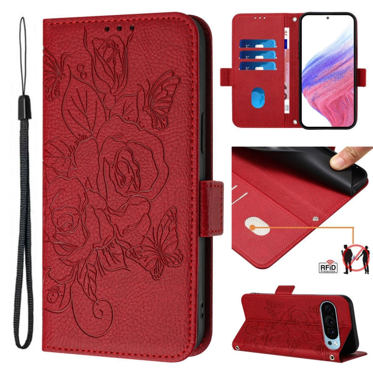 For Google Pixel 9 / 9 Pro Embossed Rose RFID Anti-theft Leather Phone Case(Red) - Google Cases by PMC Jewellery | Online Shopping South Africa | PMC Jewellery | Buy Now Pay Later Mobicred