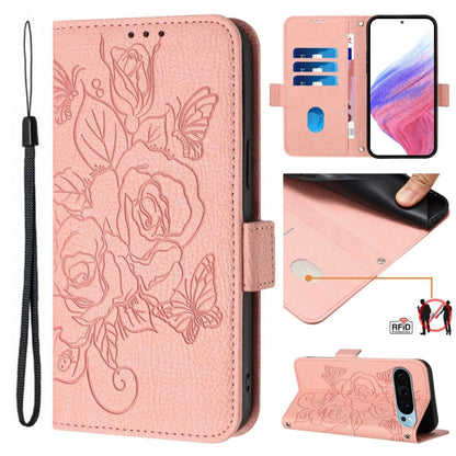 For Google Pixel 9 / 9 Pro Embossed Rose RFID Anti-theft Leather Phone Case(Pink) - Google Cases by PMC Jewellery | Online Shopping South Africa | PMC Jewellery | Buy Now Pay Later Mobicred