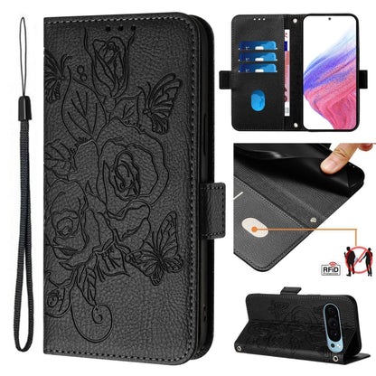 For Google Pixel 9 / 9 Pro Embossed Rose RFID Anti-theft Leather Phone Case(Black) - Google Cases by PMC Jewellery | Online Shopping South Africa | PMC Jewellery | Buy Now Pay Later Mobicred