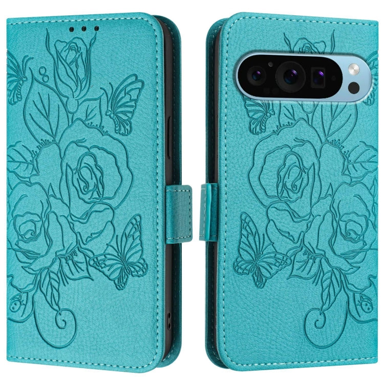 For Google Pixel 9 Pro XL Embossed Rose RFID Anti-theft Leather Phone Case(Light Blue) - Google Cases by PMC Jewellery | Online Shopping South Africa | PMC Jewellery | Buy Now Pay Later Mobicred