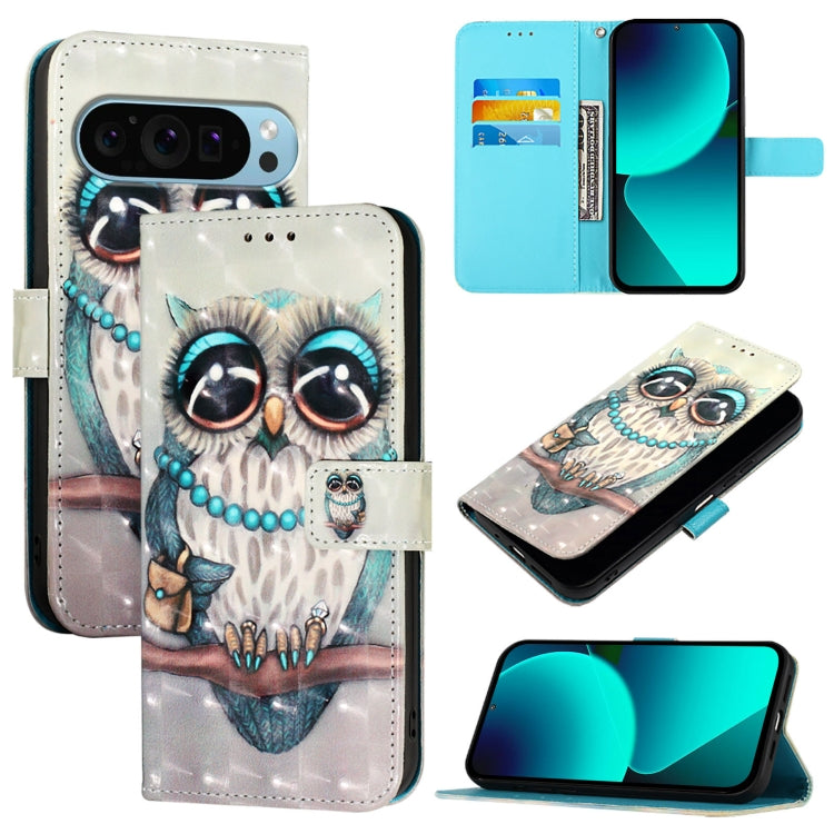 For Google Pixel 9 3D Painting Horizontal Flip Leather Phone Case(Grey Owl) - Google Cases by PMC Jewellery | Online Shopping South Africa | PMC Jewellery | Buy Now Pay Later Mobicred