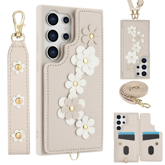 For Samsung Galaxy S25 Ultra 5G Crossbody Flower Pattern Leather Phone Case(White) - Galaxy S25 Ultra 5G Cases by PMC Jewellery | Online Shopping South Africa | PMC Jewellery | Buy Now Pay Later Mobicred