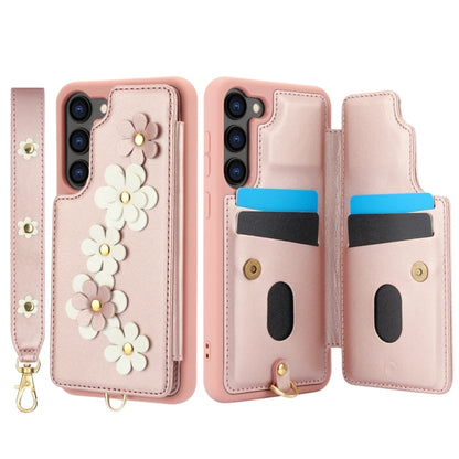 For Samsung Galaxy S25+ 5G Crossbody Flower Pattern Leather Phone Case(Rose Gold) - Galaxy S23+ 5G Cases by PMC Jewellery | Online Shopping South Africa | PMC Jewellery | Buy Now Pay Later Mobicred