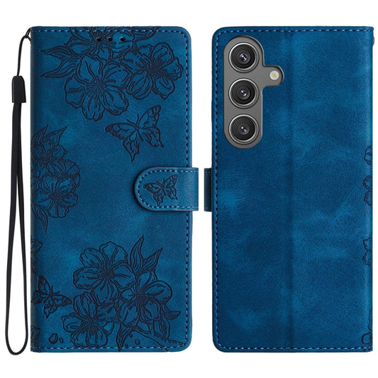 For Samsung Galaxy S25 5G Cherry Blossom Butterfly Skin Feel Embossed PU Phone Case(Blue) - Galaxy S25 5G Cases by PMC Jewellery | Online Shopping South Africa | PMC Jewellery | Buy Now Pay Later Mobicred