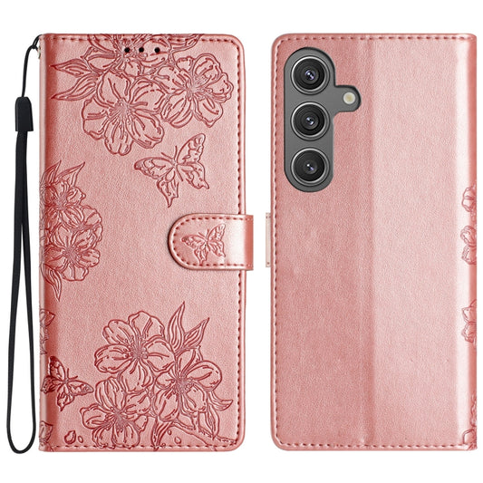 For Samsung Galaxy S25 5G Cherry Blossom Butterfly Skin Feel Embossed PU Phone Case(Rose Gold) - Galaxy S25 5G Cases by PMC Jewellery | Online Shopping South Africa | PMC Jewellery | Buy Now Pay Later Mobicred