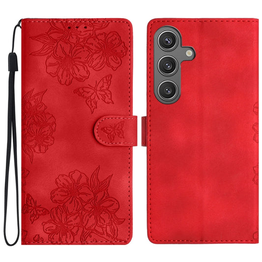 For Samsung Galaxy S25+ 5G Cherry Blossom Butterfly Skin Feel Embossed PU Phone Case(Red) - Galaxy S25+ 5G Cases by PMC Jewellery | Online Shopping South Africa | PMC Jewellery | Buy Now Pay Later Mobicred