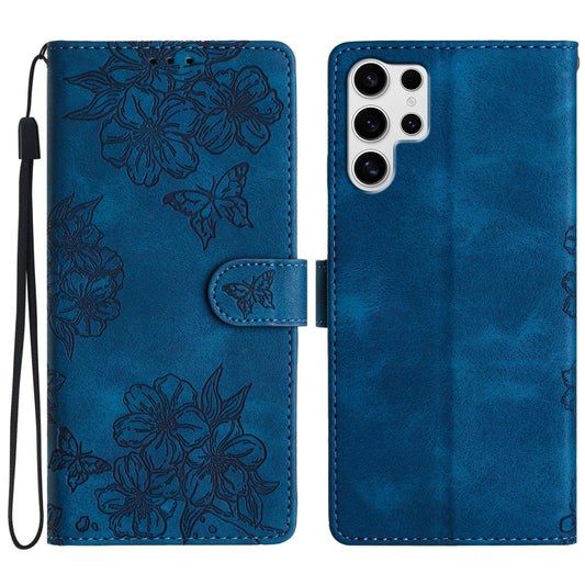 For Samsung Galaxy S25 Ultra 5G Cherry Blossom Butterfly Skin Feel Embossed PU Phone Case(Blue) - Galaxy S25 Ultra 5G Cases by PMC Jewellery | Online Shopping South Africa | PMC Jewellery | Buy Now Pay Later Mobicred