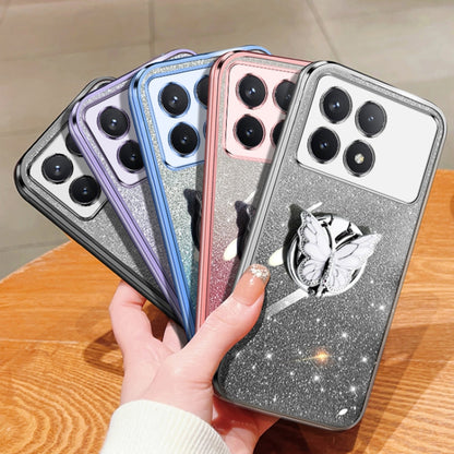 For Redmi K70 / K70 Pro Plated Gradient Glitter Butterfly Holder TPU Phone Case(Silver) - K70 Cases by PMC Jewellery | Online Shopping South Africa | PMC Jewellery | Buy Now Pay Later Mobicred