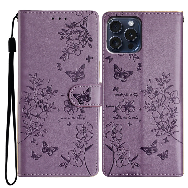 For iPhone 16 Pro Butterflies and Flowers Leather Phone Case(Purple) - iPhone 16 Pro Cases by PMC Jewellery | Online Shopping South Africa | PMC Jewellery | Buy Now Pay Later Mobicred