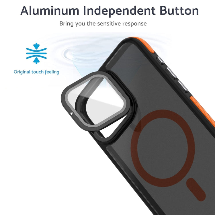 For iPhone 16 Magsafe Dual-Color Skin Feel Lens Film Phone Case with Lens Fold Holder(Orange) - iPhone 16 Cases by PMC Jewellery | Online Shopping South Africa | PMC Jewellery | Buy Now Pay Later Mobicred