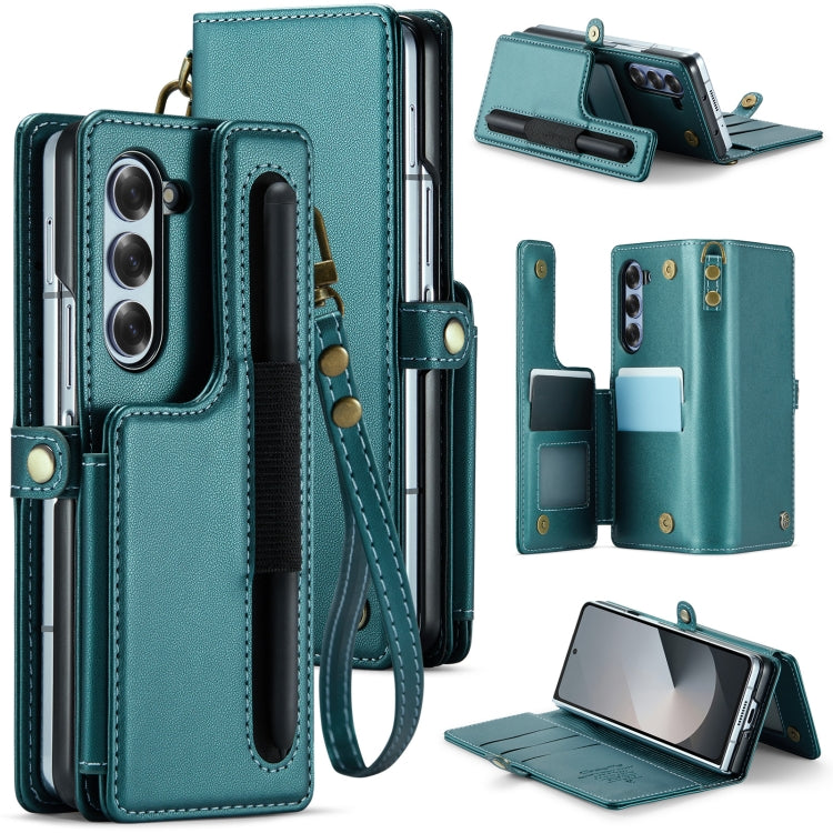 For Samsung Galaxy Z Fold6 5G CaseMe C22 PC+TPU Business Style RFID Anti-theft Lanyard Leather Phone Case with Pen Slot(Blue Green) - Galaxy Z Fold6 5G Cases by CaseMe | Online Shopping South Africa | PMC Jewellery | Buy Now Pay Later Mobicred