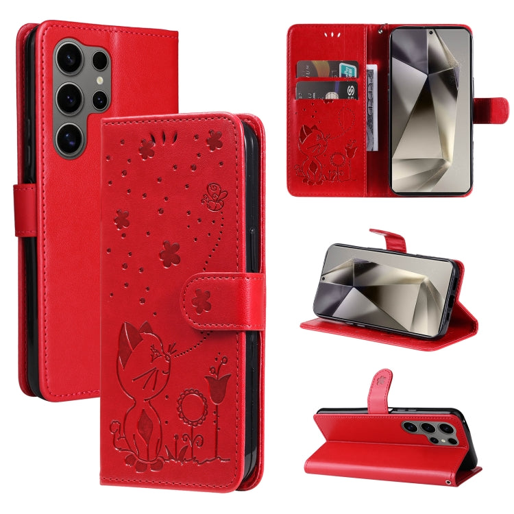 For Samsung Galaxy S25 Ultra 5G Cat and Bee Embossed Flip Leather Phone Case(Red) - Galaxy S25 Ultra 5G Cases by PMC Jewellery | Online Shopping South Africa | PMC Jewellery | Buy Now Pay Later Mobicred