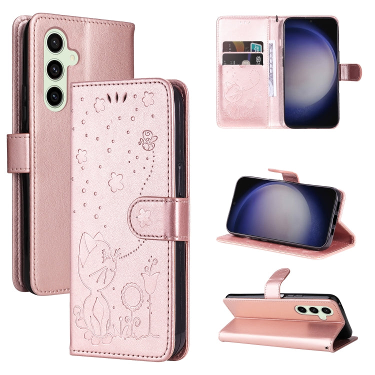 For Samsung Galaxy S25+ / S24+ 5G Cat and Bee Embossed Flip Leather Phone Case(Rose Gold) - Galaxy S25+ 5G Cases by PMC Jewellery | Online Shopping South Africa | PMC Jewellery | Buy Now Pay Later Mobicred