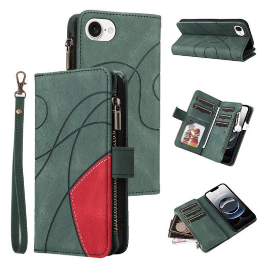 For iPhone 16e Dual-color 9 Card Slots Zipper Wallet Leather Phone Case(Green) - iPhone 16e Cases by PMC Jewellery | Online Shopping South Africa | PMC Jewellery | Buy Now Pay Later Mobicred