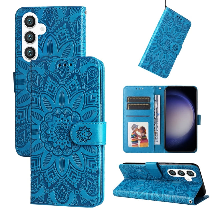 For Samsung Galaxy S25 5G Embossed Sunflower Leather Phone Case(Blue) - Galaxy S25 5G Cases by PMC Jewellery | Online Shopping South Africa | PMC Jewellery | Buy Now Pay Later Mobicred