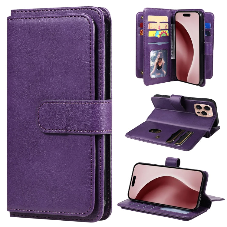 For iPhone 16 Pro Multi-Function Wallet 10 Card Slots Leather Phone Case(Violet) - iPhone 16 Pro Cases by PMC TechLife | Online Shopping South Africa | PMC TechLife | Buy Now Pay Later Mobicred