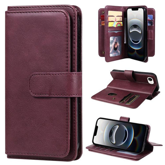 For iPhone 16e Multi-Function Wallet 10 Card Slots Leather Phone Case(Claret) - iPhone 16e Cases by PMC Jewellery | Online Shopping South Africa | PMC Jewellery | Buy Now Pay Later Mobicred