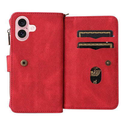 For iPhone 16 Skin Feel Multi Card Slots Zipper Wallet Leather Phone Case(Red) - iPhone 16 Cases by PMC Jewellery | Online Shopping South Africa | PMC Jewellery | Buy Now Pay Later Mobicred