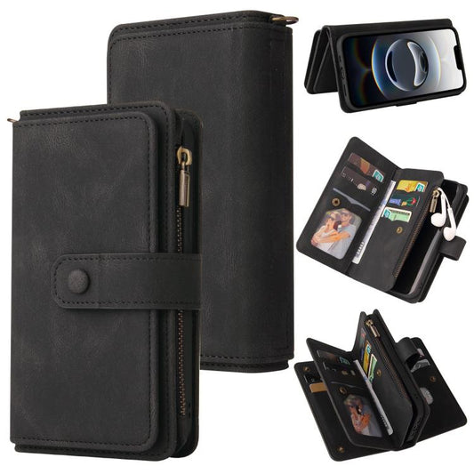 For iPhone 16e Skin Feel Multi Card Slots Zipper Wallet Leather Phone Case(Black) - iPhone 16e Cases by PMC Jewellery | Online Shopping South Africa | PMC Jewellery | Buy Now Pay Later Mobicred