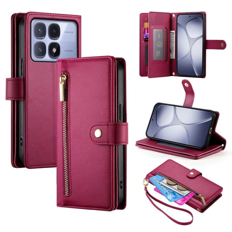 For Redmi K70 Ultra Nine Card-slot Zipper Wallet Bag Leather Phone Case(Red) - Xiaomi Cases by PMC Jewellery | Online Shopping South Africa | PMC Jewellery | Buy Now Pay Later Mobicred