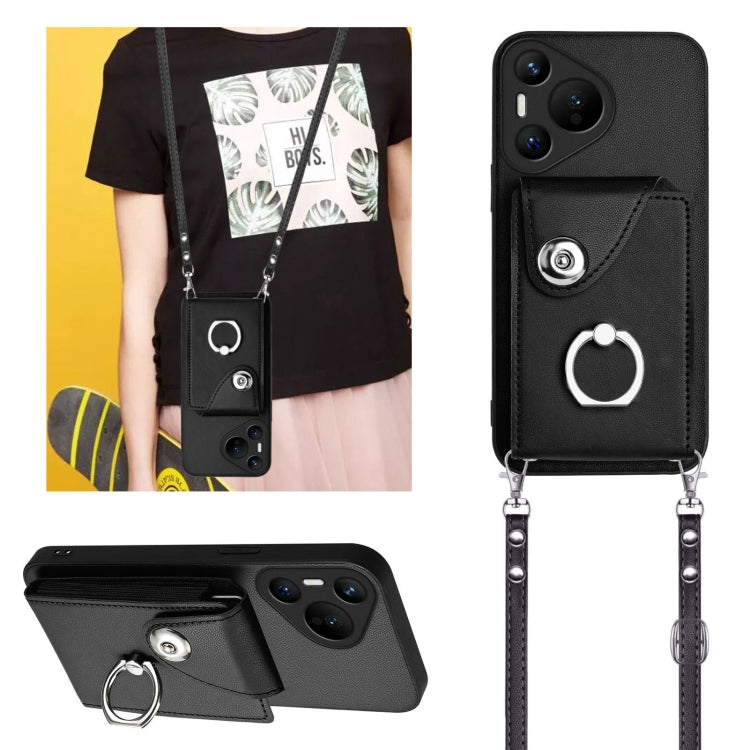 For Huawei Pura 70 Organ Card Bag Ring Holder Phone Case with Long Lanyard(Black) - Huawei Cases by PMC Jewellery | Online Shopping South Africa | PMC Jewellery | Buy Now Pay Later Mobicred