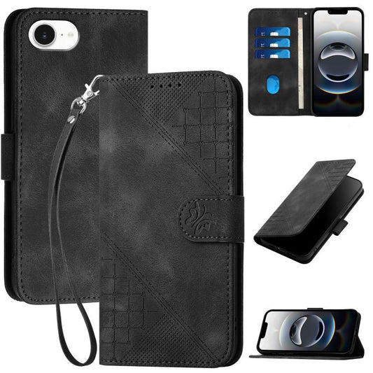 For iPhone 16e YX0080 Grid Butterfly Embossed Pattern Flip Leather Phone Case with Lanyard(Black) - iPhone 16e Cases by PMC Jewellery | Online Shopping South Africa | PMC Jewellery | Buy Now Pay Later Mobicred