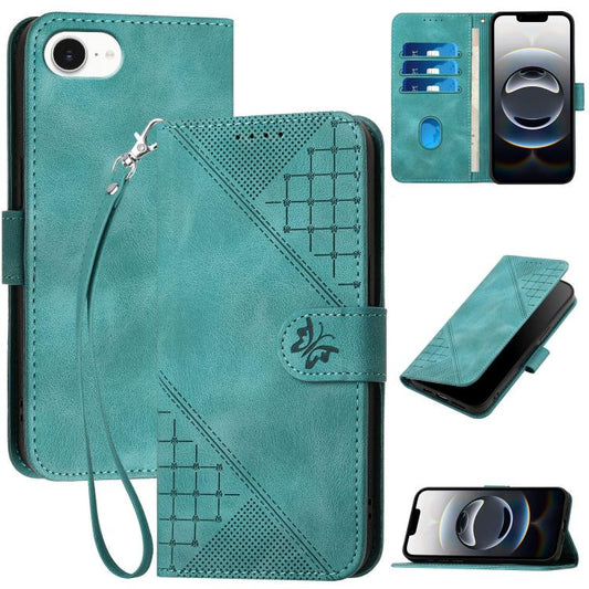 For iPhone 16e YX0080 Grid Butterfly Embossed Pattern Flip Leather Phone Case with Lanyard(Light Blue) - iPhone 16e Cases by PMC Jewellery | Online Shopping South Africa | PMC Jewellery | Buy Now Pay Later Mobicred