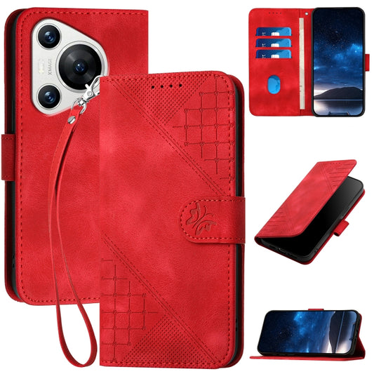 For Huawei Pura 70 YX0080 Grid Butterfly Embossed Pattern Flip Leather Phone Case with Lanyard(Red) - Huawei Cases by PMC Jewellery | Online Shopping South Africa | PMC Jewellery | Buy Now Pay Later Mobicred