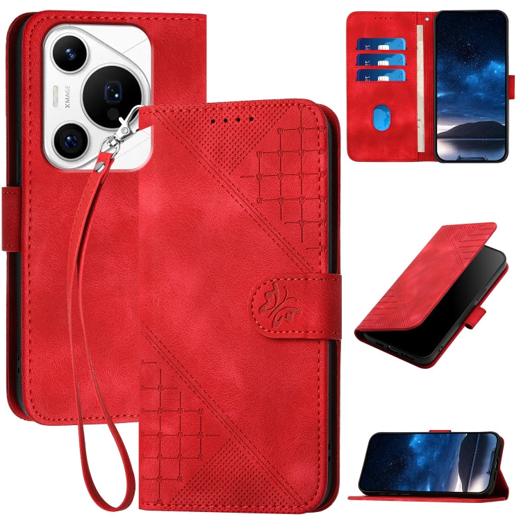 For Huawei Pura 70 Pro / 70 Pro+ YX0080 Grid Butterfly Embossed Pattern Flip Leather Phone Case with Lanyard(Red) - Huawei Cases by PMC Jewellery | Online Shopping South Africa | PMC Jewellery | Buy Now Pay Later Mobicred