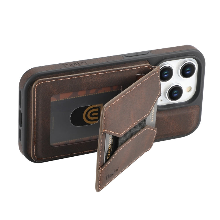 For iPhone 16 Pro Max Denior D18 Skin Feel Rotating Holder MagSafe Detachable Card Slot Phone Case(Brown) - iPhone 16 Pro Max Cases by Denior | Online Shopping South Africa | PMC Jewellery | Buy Now Pay Later Mobicred