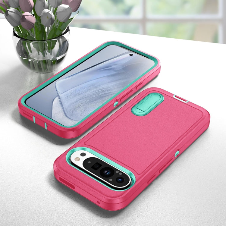 For Google Pixel 9 Rugged PC + Silicone Phone Case with Holder(Rose Red+Light Green) - Google Cases by PMC Jewellery | Online Shopping South Africa | PMC Jewellery | Buy Now Pay Later Mobicred