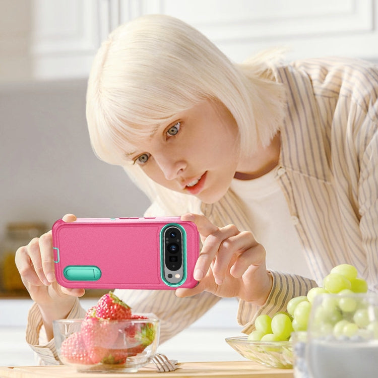 For Google Pixel 9 Rugged PC + Silicone Phone Case with Holder(Rose Red+Light Green) - Google Cases by PMC TechLife | Online Shopping South Africa | PMC TechLife | Buy Now Pay Later Mobicred