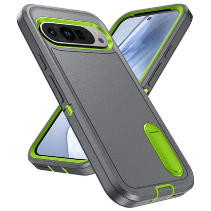 For Google Pixel 9 Rugged PC + Silicone Phone Case with Holder(Grey+Fresh Green) - Google Cases by PMC Jewellery | Online Shopping South Africa | PMC Jewellery | Buy Now Pay Later Mobicred