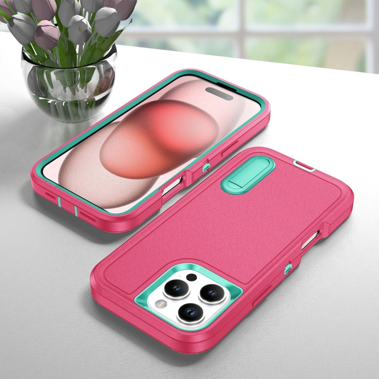 For iPhone 16 Pro Max Rugged PC + Silicone Phone Case with Holder(Rose Red+Light Green) - iPhone 16 Pro Max Cases by PMC TechLife | Online Shopping South Africa | PMC TechLife | Buy Now Pay Later Mobicred