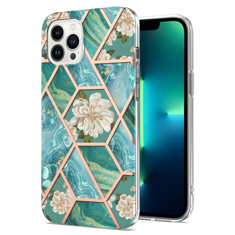 For iPhone 16 Pro Max Splicing Marble Flower IMD TPU Phone Case(Blue Flower) - iPhone 16 Pro Max Cases by PMC TechLife | Online Shopping South Africa | PMC TechLife | Buy Now Pay Later Mobicred