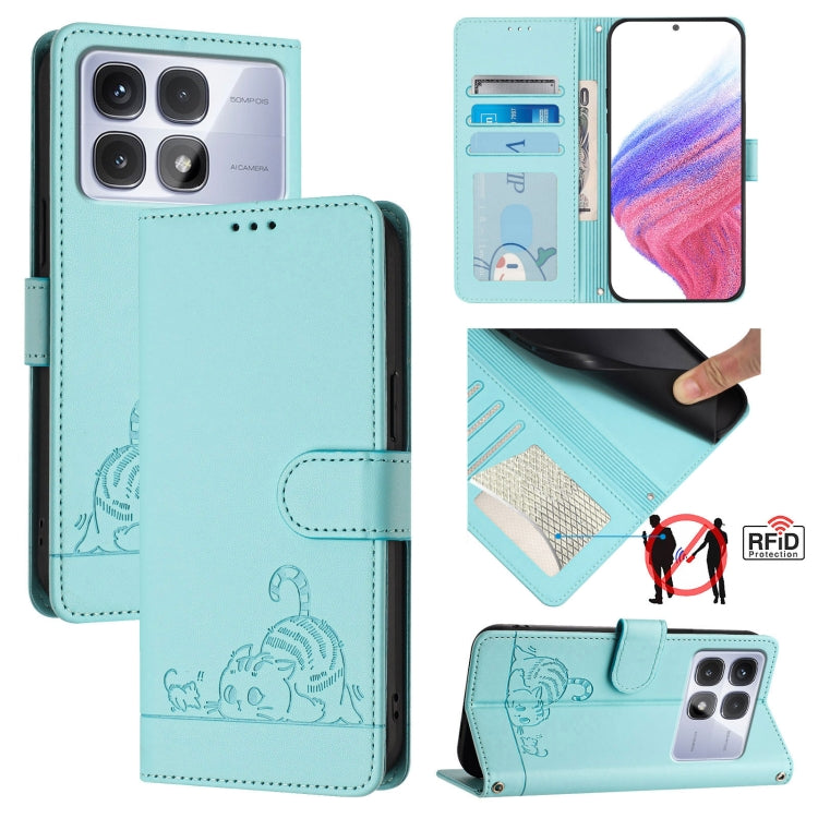 For Redmi K70 Ultra 5G Global Cat Rat Embossed Pattern RFID Leather Phone Case with Lanyard(Mint Green) - Xiaomi Cases by PMC Jewellery | Online Shopping South Africa | PMC Jewellery | Buy Now Pay Later Mobicred