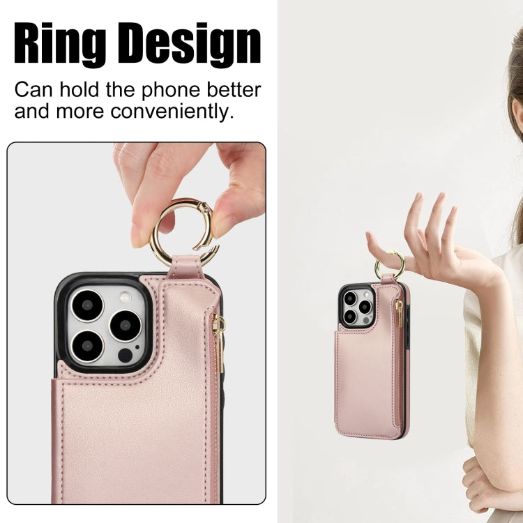 For iPhone 16 Pro RFlD Anti-theft Double Buckle Ring Zipper Card Phone Case(Rose Gold) - iPhone 16 Pro Cases by PMC Jewellery | Online Shopping South Africa | PMC Jewellery | Buy Now Pay Later Mobicred