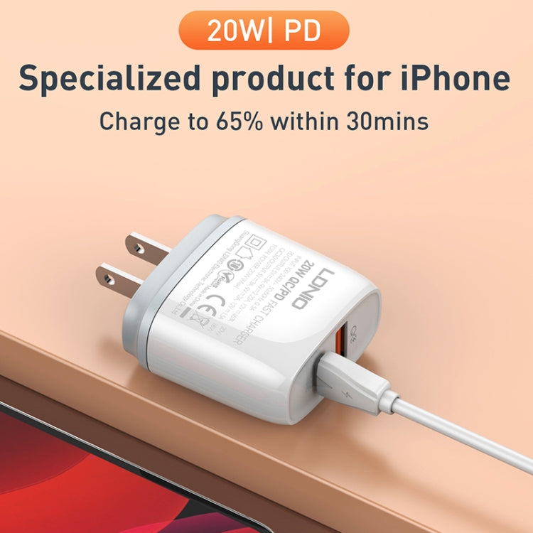 LDNIO Q229 QC3.0 / PD20W USB + Type-C Fast Charger with 1m USB to 8 Pin Cable, Plug Type:UK Plug(White) - USB Charger by LDNIO | Online Shopping South Africa | PMC Jewellery | Buy Now Pay Later Mobicred