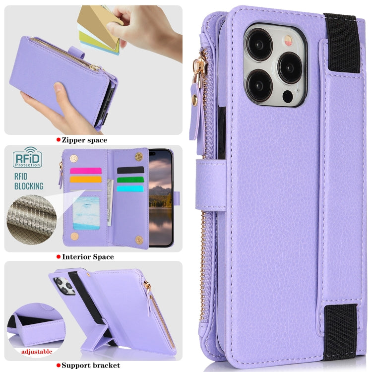 For iPhone 16 Pro Wristband Holder Zipper Purse RFID Leather Phone Case(Purple) - iPhone 16 Pro Cases by PMC Jewellery | Online Shopping South Africa | PMC Jewellery | Buy Now Pay Later Mobicred