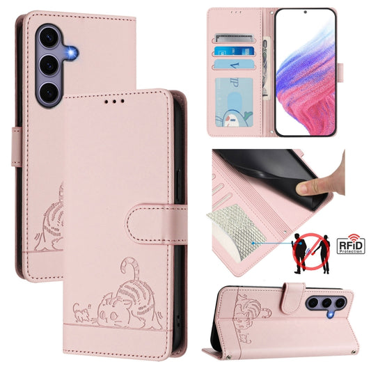 For Samsung Galaxy S25 5G Cat Rat Embossed RFID Leather Phone Case with Lanyard(Pink) - Galaxy S25 5G Cases by PMC Jewellery | Online Shopping South Africa | PMC Jewellery | Buy Now Pay Later Mobicred