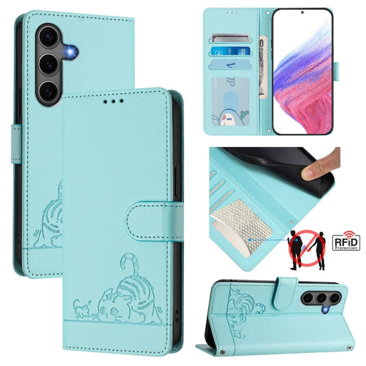 For Samsung Galaxy S25+ 5G Cat Rat Embossed RFID Leather Phone Case with Lanyard(Mint Green) - Galaxy S25+ 5G Cases by PMC Jewellery | Online Shopping South Africa | PMC Jewellery | Buy Now Pay Later Mobicred