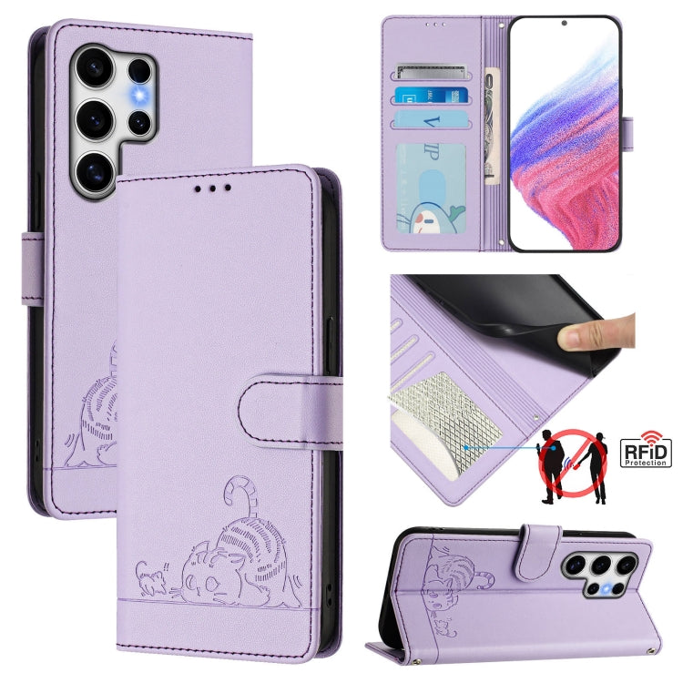 For Samsung Galaxy S25 Ultra 5G Cat Rat Embossed RFID Leather Phone Case with Lanyard(Purple) - Galaxy S25 Ultra 5G Cases by PMC Jewellery | Online Shopping South Africa | PMC Jewellery | Buy Now Pay Later Mobicred