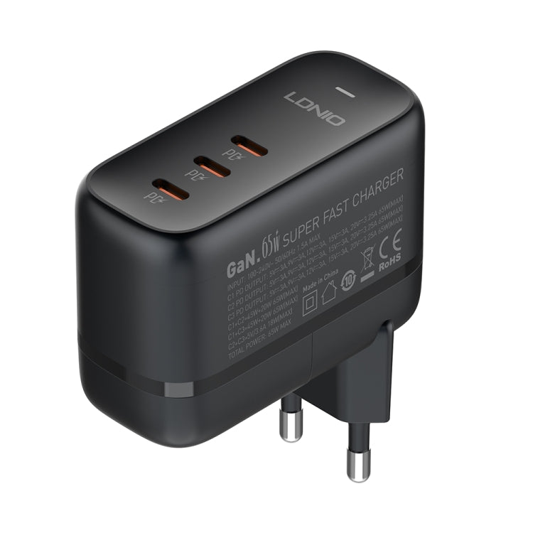 LDNIO Q367 65W GaN 3 x USB-C / Type-C Interface Charger with 1m USB-C / Type-C to USB-C / Type-C Data Cable, Plug Type:EU Plug(Black) - USB Charger by LDNIO | Online Shopping South Africa | PMC Jewellery | Buy Now Pay Later Mobicred